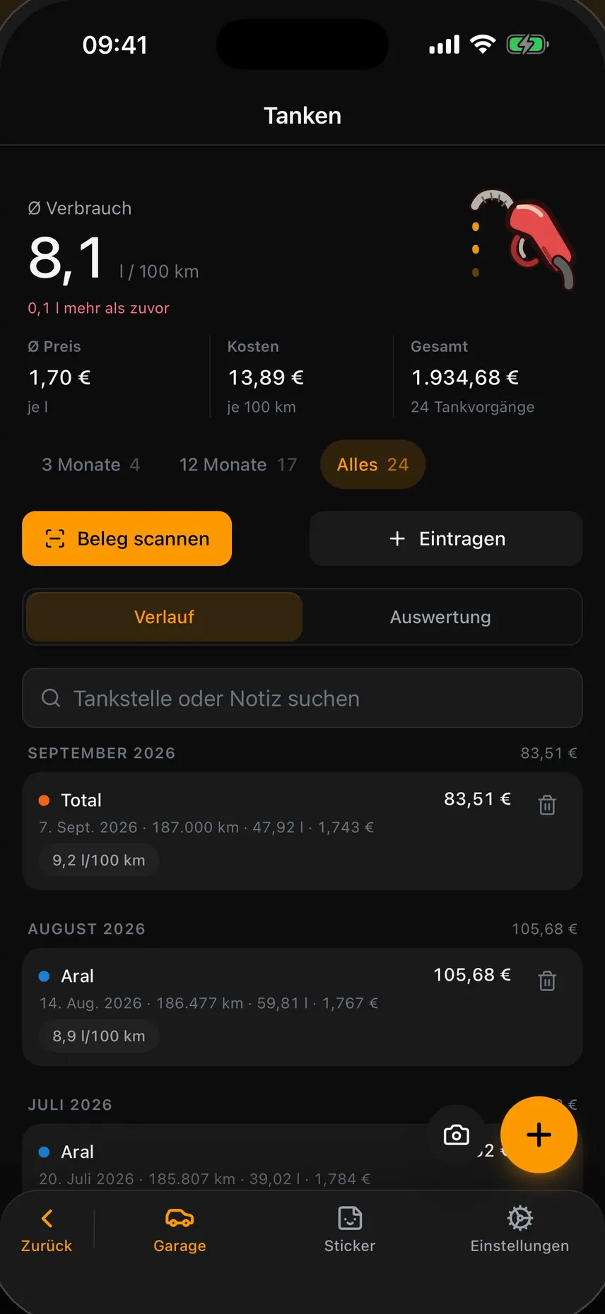 Tankbuch in TrackTool: durchschnittlicher Verbrauch in l/100 km, Preis und Kosten, darunter die Tankvorgänge mit Datum, Kilometerstand, Menge und Verbrauch.